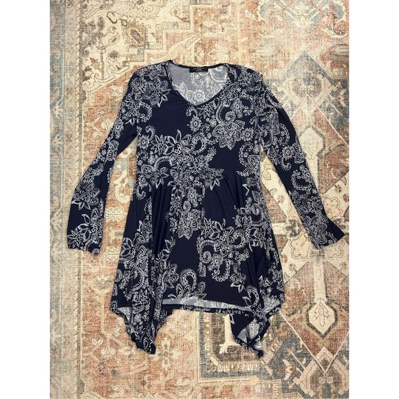 Made by Johnny Scoop Neck Long Sleeve Bottom Ruffle Short Dress, Navy, Sz Large - Picture 1 of 7